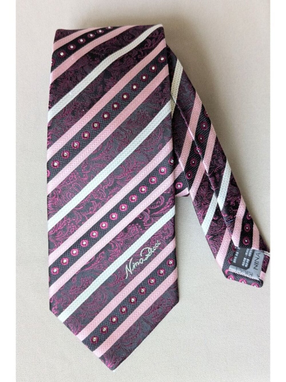 NWOT Nina Ricci 100% Silk Tie Paisley Rhinestones Stripes